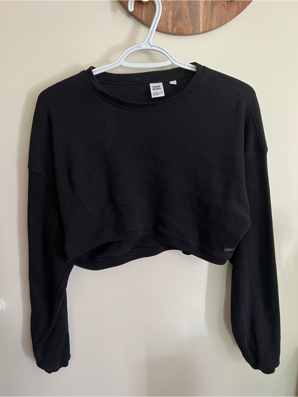 TNA Black Longsleeve Waffle Crop Top